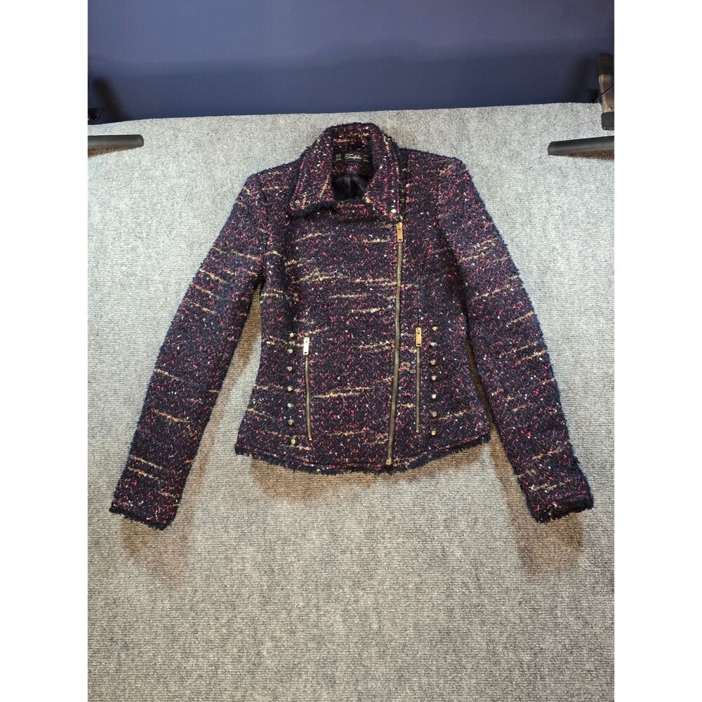 Zara Tweed Moto Jacket Womens XS Navy Multicolor Asymmetrical Zip